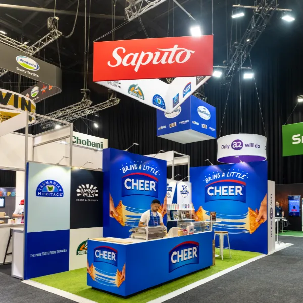 Saputo exhibition stand by Cre8 Co featuring Cheer branding, hanging signage and product displays